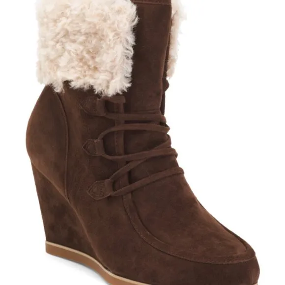 NEW CECELIA NEW YORK Suede North Star Faux Fur Wedge Boots Chocolate 667tn