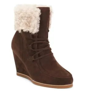 NEW CECELIA NEW YORK Suede North Star Faux Fur Wedge Boots Chocolate 667tn
