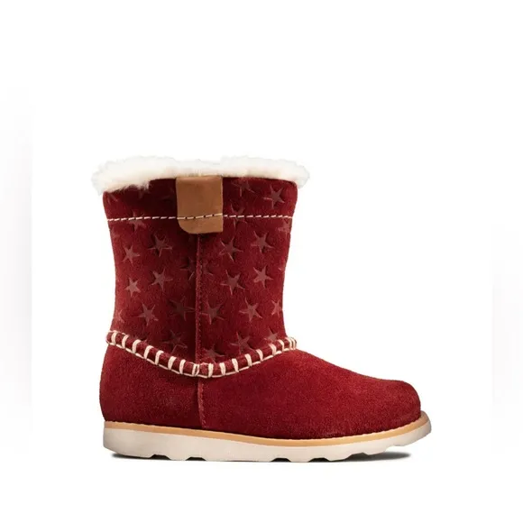 NEW Clarks Crown Piper Dark Red Suede Fur Lined Boots, Girls Size UK 12.5 US 13