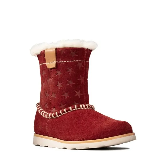 NEW Clarks Crown Piper Dark Red Suede Fur Lined Boots, Girls Size UK 12.5 US 13