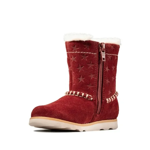 NEW Clarks Crown Piper Dark Red Suede Fur Lined Boots, Girls Size UK 12.5 US 13