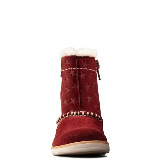 NEW Clarks Crown Piper Dark Red Suede Fur Lined Boots, Girls Size UK 12.5 US 13