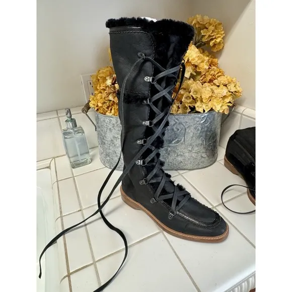 New Cole Haan Boots Black Leather Shearling Lace Up/Zip‎ Winter Moccasin Sz.10