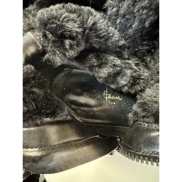 New Cole Haan Boots Black Leather Shearling Lace Up/Zip‎ Winter Moccasin Sz.10