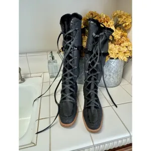 New Cole Haan Boots Black Leather Shearling Lace Up/Zip‎ Winter Moccasin Sz.10
