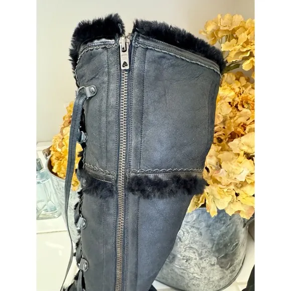 New Cole Haan Boots Black Leather Shearling Lace Up/Zip‎ Winter Moccasin Sz.10