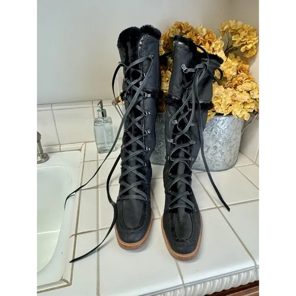 New Cole Haan Boots Black Leather Shearling Lace Up/Zip‎ Winter Moccasin Sz.10