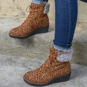 New! Corkys Fox Bay Leopard Ankle Lace Up Wedge Fur Boots