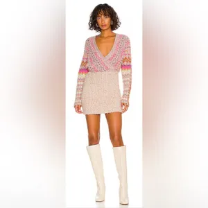 New FREE PEOPLE Forever Fairisle Dress in Strawberry Combo Size Medium