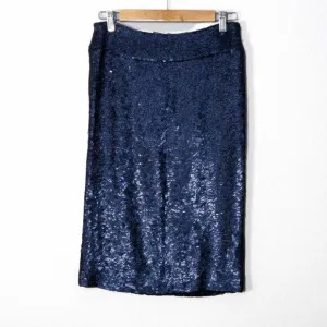 NEW Halston Women’s Sequin Skirt Navy Blue Lined Pencil Back Zip Party Size 4
