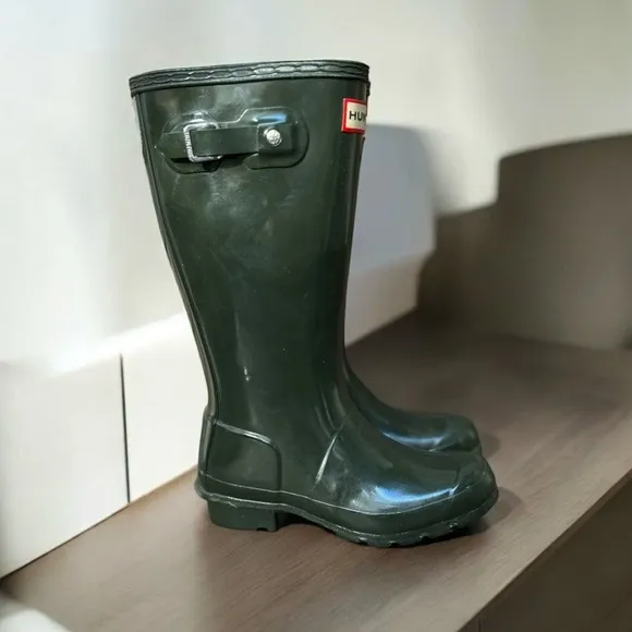 🌻NEW HUNTER Original Hunter Green Shiny Wellington Boots Size 1 Boys / 2 Girls