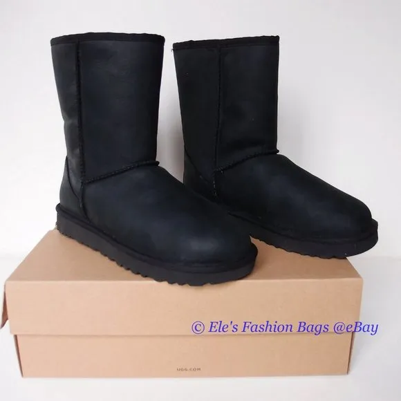 New in Box UGG Classic Short Water-resistant Leather Boots US 6 BLACK