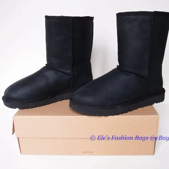 New in Box UGG Classic Short Water-resistant Leather Boots US 6 BLACK
