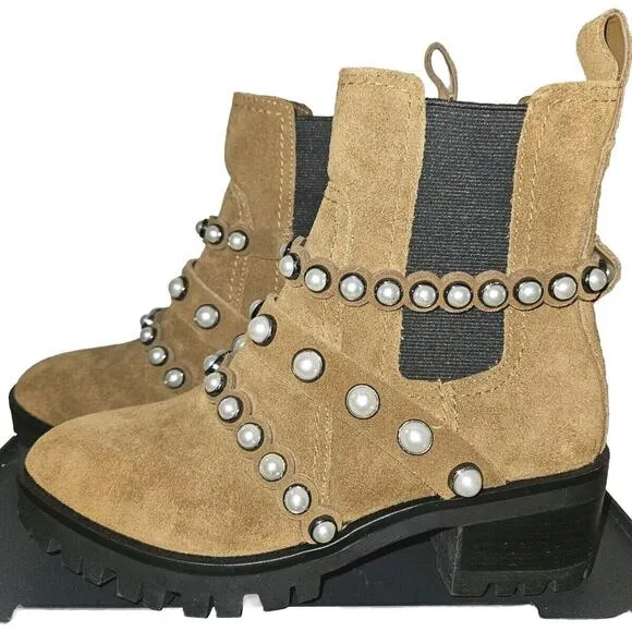 New KARL LAGERFELD PARIS Women Brown Pia Faux Pearl Studded Chelsea Boots Sz 5.5