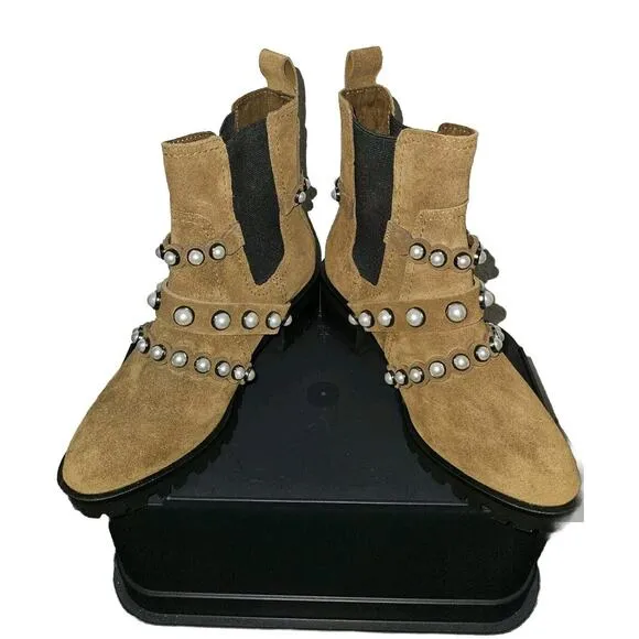 New KARL LAGERFELD PARIS Women Brown Pia Faux Pearl Studded Chelsea Boots Sz 5.5