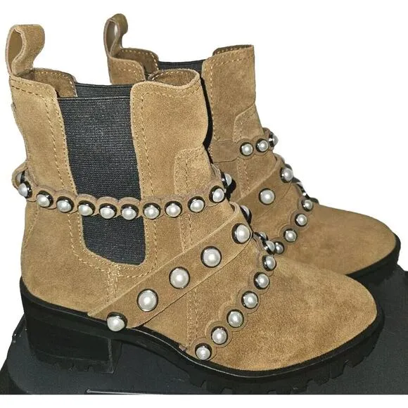 New KARL LAGERFELD PARIS Women Brown Pia Faux Pearl Studded Chelsea Boots Sz 5.5