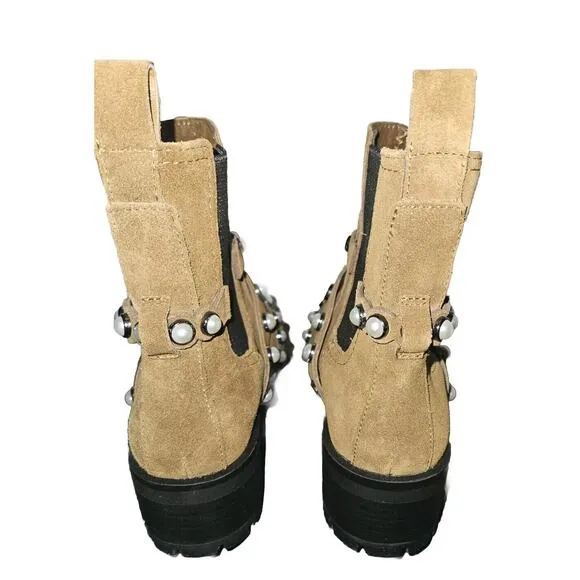 New KARL LAGERFELD PARIS Women Brown Pia Faux Pearl Studded Chelsea Boots Sz 5.5
