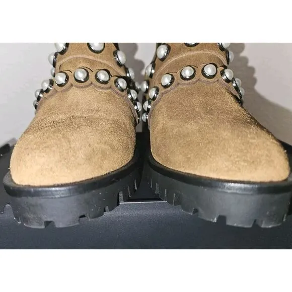 New KARL LAGERFELD PARIS Women Brown Pia Faux Pearl Studded Chelsea Boots Sz 5.5
