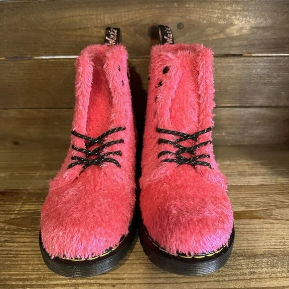 New Kids Dr Martens Junior 1460 Pascal Pink Tinsel Fur Lace Up Boots Size‎ 3 Y