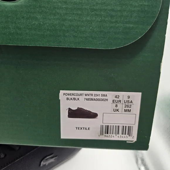 New Lacoste Powercourt Winter SMA Mens sz US 9 EU 42 black Sneakers Shoes