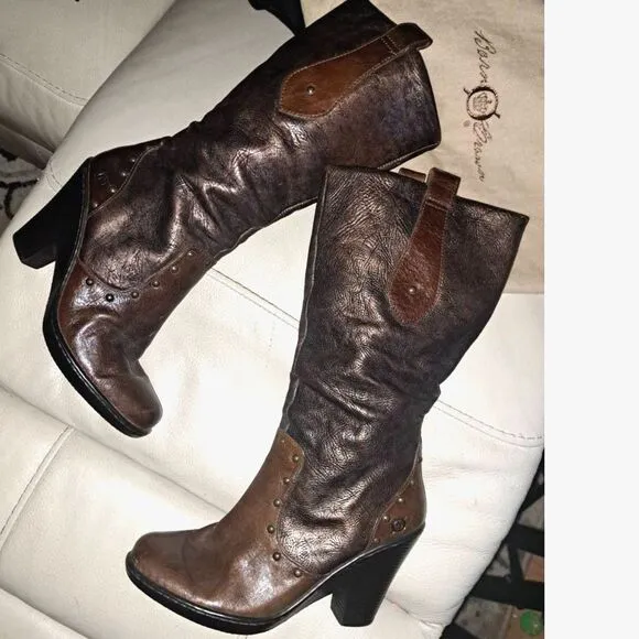 NEW Leather Copper Brushed &amp; rivets Boots Sz 9 Born Crown Riding Boots-Dust Bag