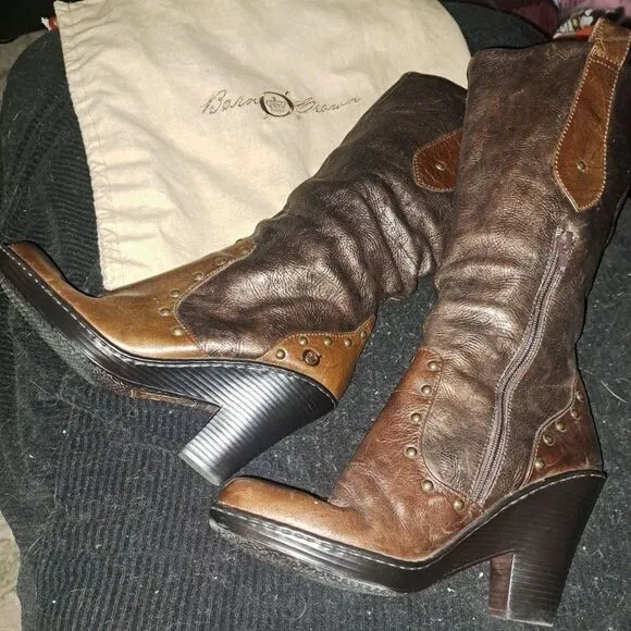 NEW Leather Copper Brushed &amp; rivets Boots Sz 9 Born Crown Riding Boots-Dust Bag