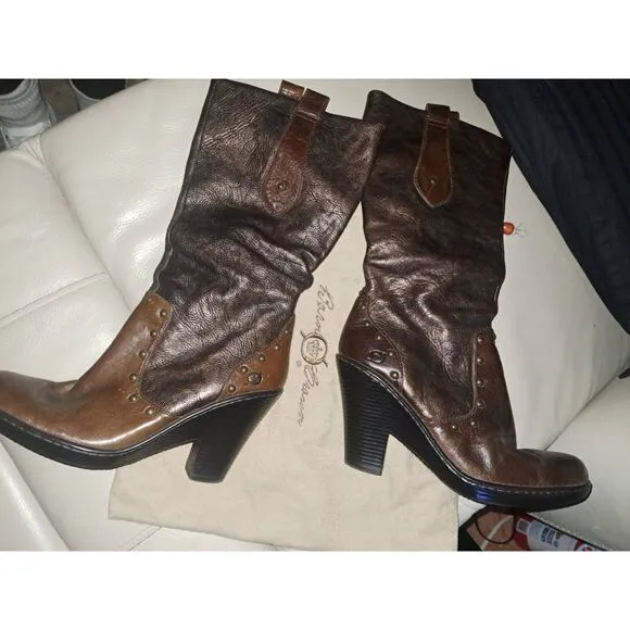 NEW Leather Copper Brushed &amp; rivets Boots Sz 9 Born Crown Riding Boots-Dust Bag