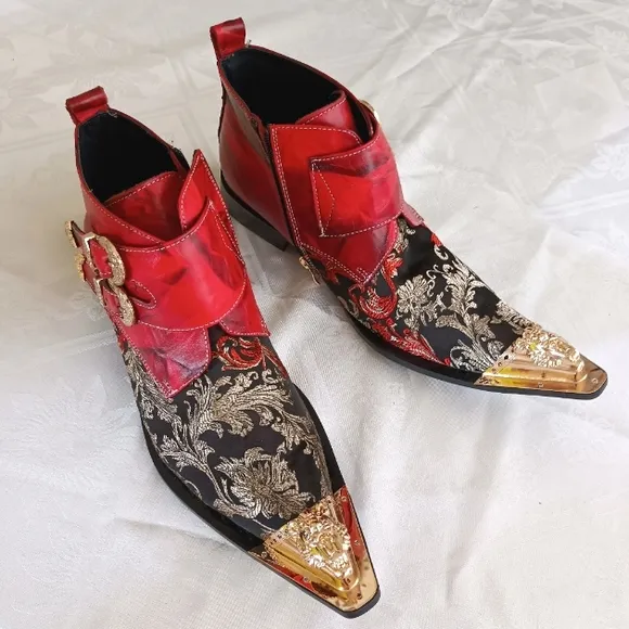 NEW Men's 11 Metal Pointy Toe Leather &amp; Textile Chelsea Ankle Boots Zip &amp;Buckles