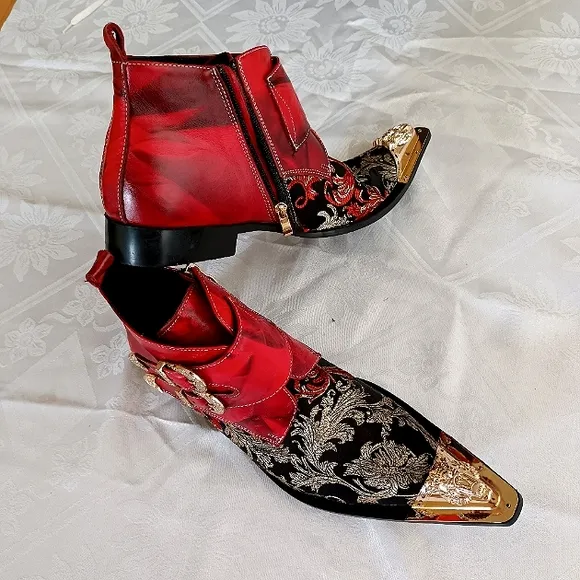 NEW Men's 11 Metal Pointy Toe Leather &amp; Textile Chelsea Ankle Boots Zip &amp;Buckles