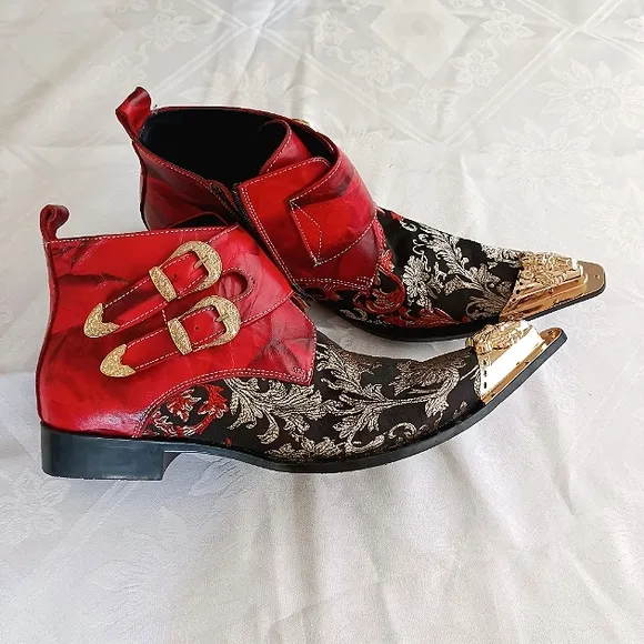 NEW Men's 11 Metal Pointy Toe Leather &amp; Textile Chelsea Ankle Boots Zip &amp;Buckles