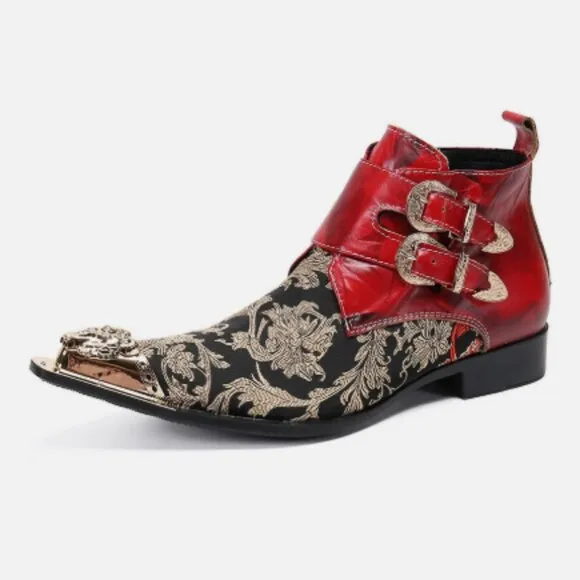 NEW Men's 11 Metal Pointy Toe Leather &amp; Textile Chelsea Ankle Boots Zip &amp;Buckles