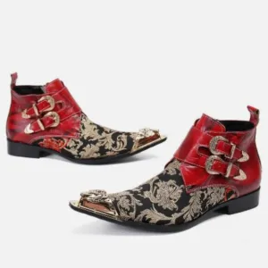 NEW Men's 11 Metal Pointy Toe Leather &amp; Textile Chelsea Ankle Boots Zip &amp;Buckles
