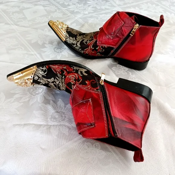 NEW Men's 11 Metal Pointy Toe Leather &amp; Textile Chelsea Ankle Boots Zip &amp;Buckles