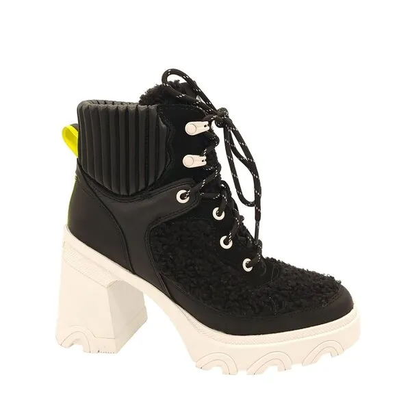 NEW Sorel Brex Cozy Boots Womens 7.5 Block Hee. Lace Up Shearling Black White