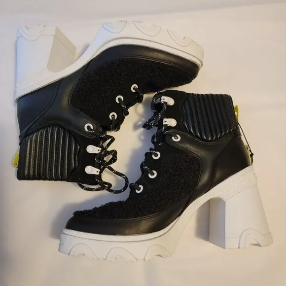 NEW Sorel Brex Cozy Boots Womens 7.5 Block Hee. Lace Up Shearling Black White