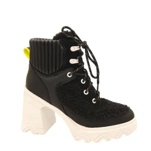 NEW Sorel Brex Cozy Boots Womens 7.5 Block Hee. Lace Up Shearling Black White