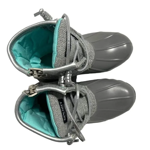 NEW Sperry 9M Sparkly Grey &amp; Aqua Saltwater Boots
