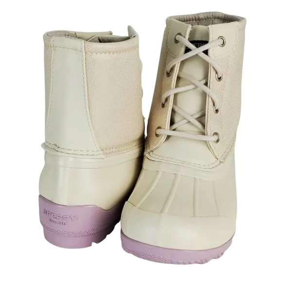 New Sperry girls port waterproof lace up rain duck boots off white lavender