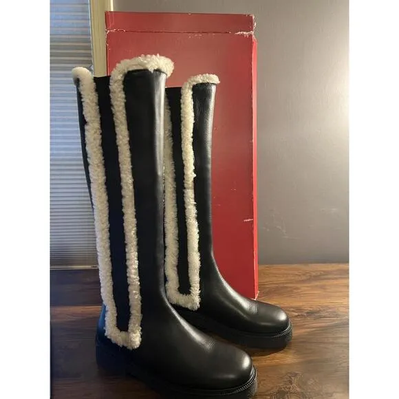 NEW STAUD Womens Palamino Shearling Trim Black Leather Riding Boots US 10 EUR 40