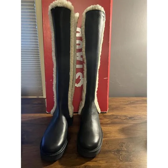 NEW STAUD Womens Palamino Shearling Trim Black Leather Riding Boots US 10 EUR 40
