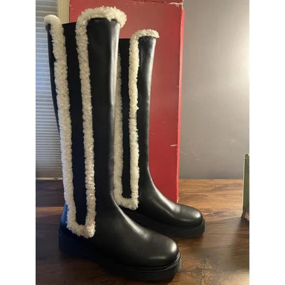 NEW STAUD Womens Palamino Shearling Trim Black Leather Riding Boots US 10 EUR 40