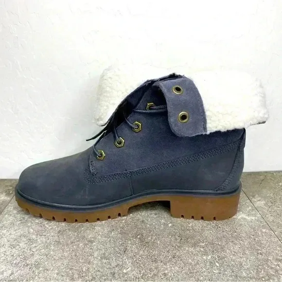 NEW Timberland Jayne Fleece Fold Down Waterproof Dark Grey Suede Ankle Boot Sz 7