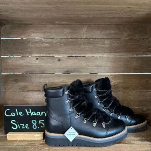 New Womens Cole Haan ZeroGrand Lodge Black‎ Leather Fur Trim Boots Size 8.5 B