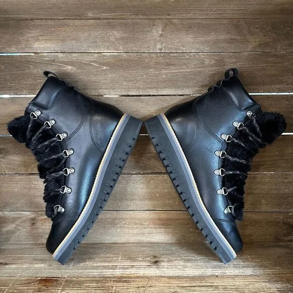 New Womens Cole Haan ZeroGrand Lodge Black‎ Leather Fur Trim Boots Size 8.5 B
