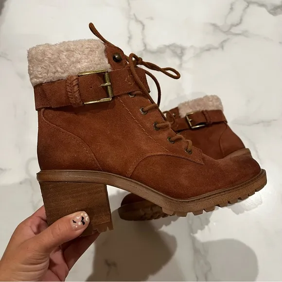 New ZODIAC Gemma Fur Womens Suede Ankle Combat Lace-Up Boots Size 7.5
