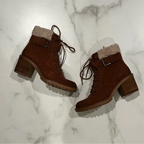 New ZODIAC Gemma Fur Womens Suede Ankle Combat Lace-Up Boots Size 7.5