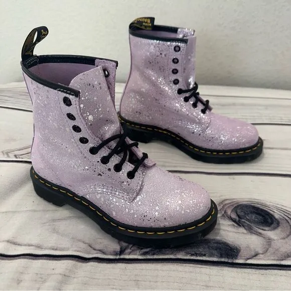 NEW! Dr. Martens Women Sz 7 Purple Suede Lilac Metallic Paint Splatter Boots