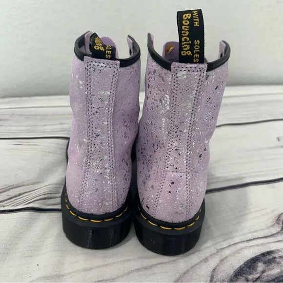 NEW! Dr. Martens Women Sz 7 Purple Suede Lilac Metallic Paint Splatter Boots