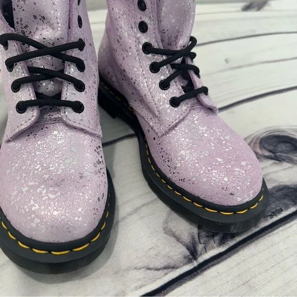NEW! Dr. Martens Women Sz 7 Purple Suede Lilac Metallic Paint Splatter Boots
