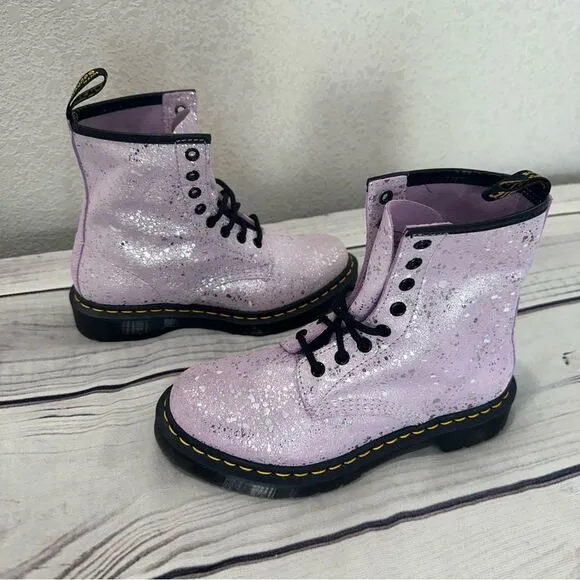 NEW! Dr. Martens Women Sz 7 Purple Suede Lilac Metallic Paint Splatter Boots